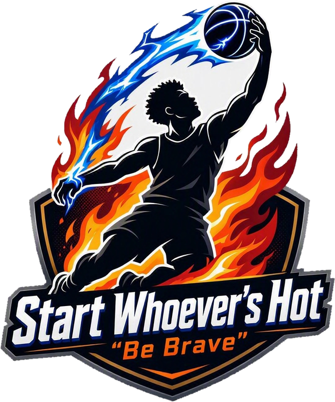 Start Whoever's Hot: a basketball player dunking a lightning-blue ball in front of flames, with the words Be Brave